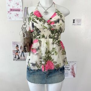 Y2K Pink Rose Floral Halter Top Point Final — Scene Princess